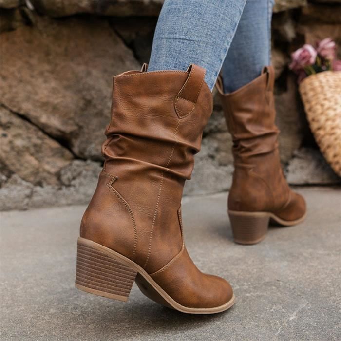Bottes Femme Santiag en PU Cuir Talon Carre Marron Marron Cdiscount Chaussures