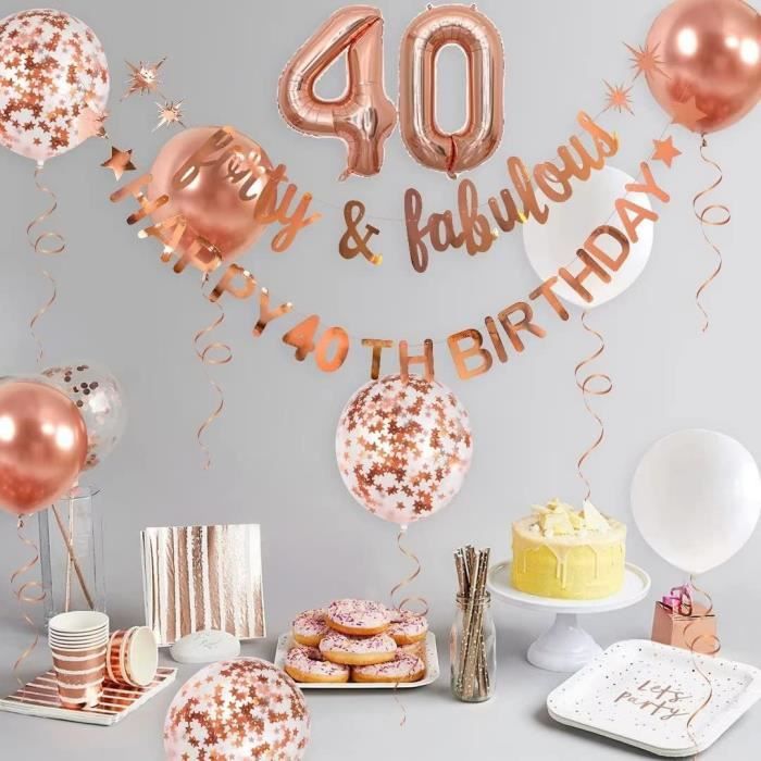 Décorations Gâteau 40 Ans - « Happy 40th Birthday » Doré Pailleté + Cœurs Et étoiles, Bâtons Bambou, Pour Anniversaire Ou Noces De Rubis - 5