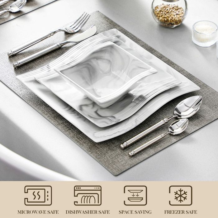 MALACASA Série Flora 12 Assiettes Plates Carrées 26 Cm Porcelaine Blanche - Service Table Micro-ondes Et Lave-vaisselle