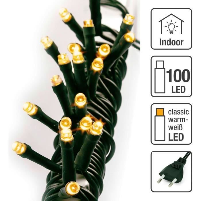 Guirlande Lumineuse à Piles 100 LED Blanc Chaud sur Câble Vert