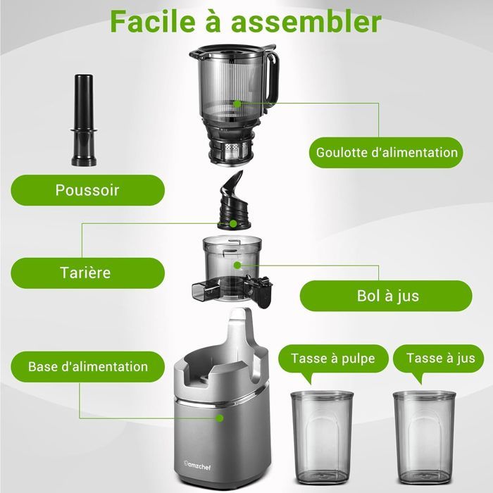 Extracteur De Jus Lent à Pression à Froid - Goulotte XL 120mm Pour Fruits/légumes Entiers, Facile à Nettoyer (idéal Pour Jus Sains Et Détox)