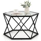 COSTWAY Table Basse Géométrique avec Plateau en Verre Trempé, Table d’Appoint Hexagonale, Style Moderne pour Salon,65x56x40cm, Noir