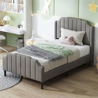 Lit simple 90 x 200 cm d'enfant rembourré, cadre de lit en bois avec sommier à lattes et tête de lit velours pour invité, gris