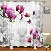 Rideau de Douche Fleurs et papillons violets créatifs Tissu Polyester imperméable 180 x 200cm Anneaux Inclus