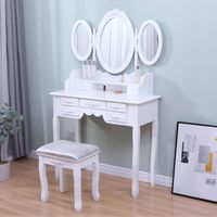 Coiffeuse Table maquillage avec tabouret - MURIEL - Blanc - 3 miroirs rabattables - 7 tiroirs