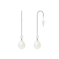 PERLINEA - Boucles d'Oreilles - Véritables Perles de Culture d'Eau Douce Poires 8-9 mm Blanc Naturel - Or Blanc - Bijoux Femme
