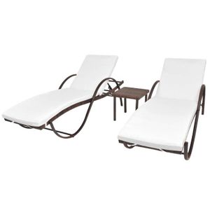CHAISE LONGUE Lot de 2 transats chaise longue bain de soleil lit de jardin terrasse meuble d exterieur avec table resine tressee marro