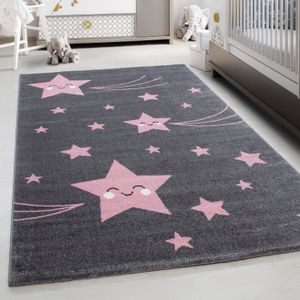 TAPIS Tapis pour Chambre d'Enfant et de Bébé, Joli motif étoile, couleur rose et gris, Taille 140 x 200 cm