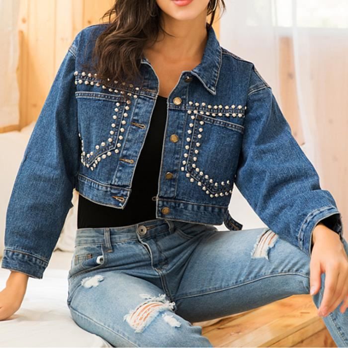 Jean Bleu Foncé Veste Jean FoncÃ© Femme Veste En Jean Crop 90's