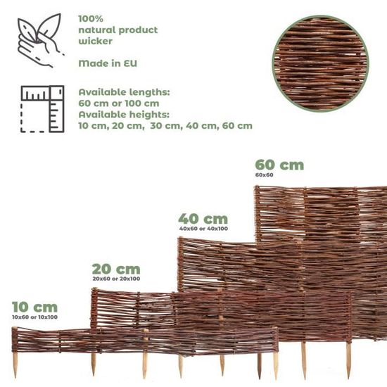 10 x Bordure de parterre en saule BOGATECO | Longueur 100 cm & Hauteur 10 cm | Bordure de pelouse en bois