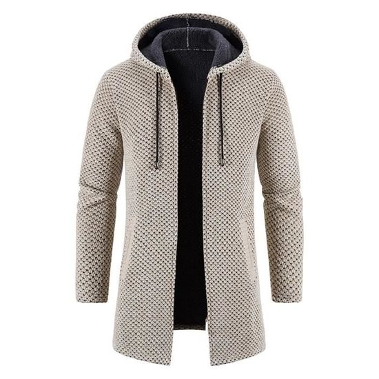 Gilet Hiver Homme Capuche En Tricot Mi-Longue Doublé Polaire Cardigan Zippé Chaud Epais Carreaux Confortable - Noir Noir - Prêt-à-Porter