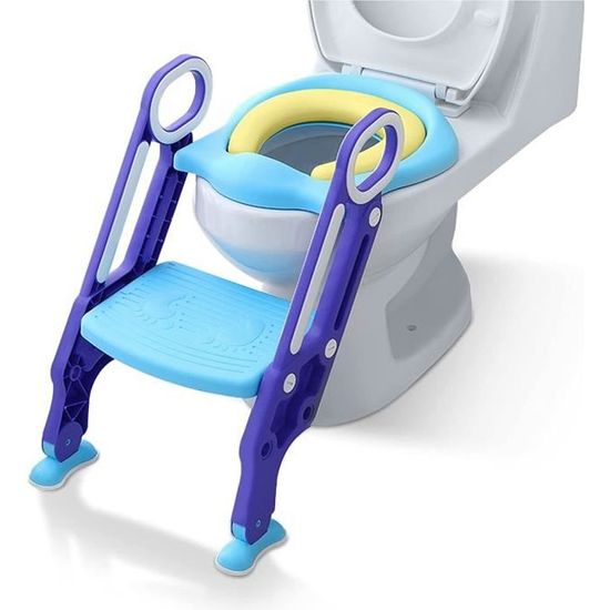 Réducteur WC Pliable Avec Escalier Réglable - Pour Enfant 2 à 7 Ans - Siège Ergonomique Avec Coussin Et Poignées - Supporte 75 Kg - Bleu/vert - 13
