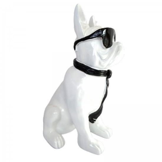 Statue chien en résine bouledogue Français assis blanc casque audio