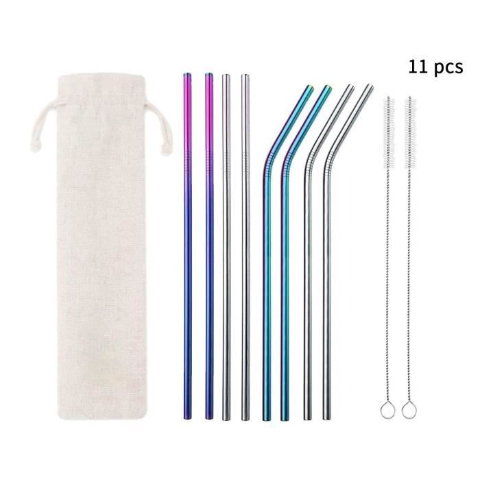 Lot de 11Pailles en Acier Inoxydable Reutilisables, 2 Brosses de Nettoyage Ecologique, Paille Inox Droite Courbe - Argent Colorée