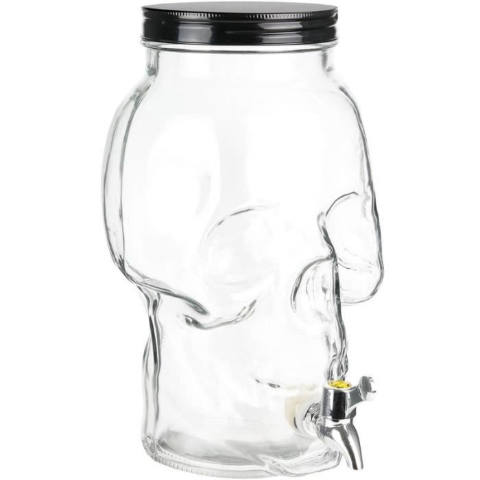 The Mason Jar Factory KA2556 Fontaine à boisson Distributeur robinet et couvercle Tête de mort Transparent Verre 3L H30x18,5x20cm