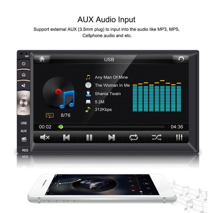 Cuque Lecteur d'autoradio 7 pouces universel 2 Din Bluetooth USB / TF FM entrée auxiliaire autoradio lecteur MP5 avec caméra de
