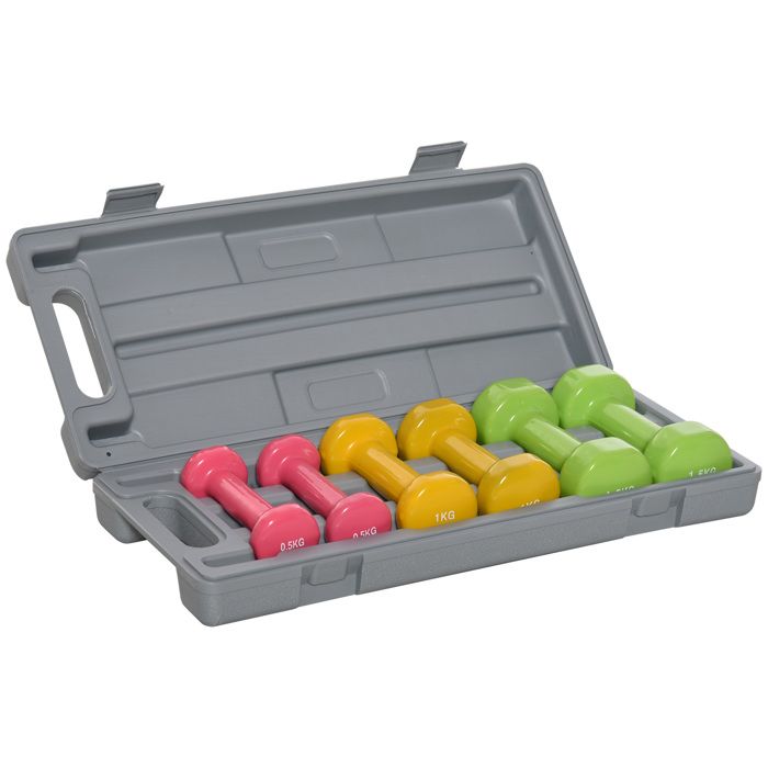 HOMCOM Ensemble d'haltères courtes multicolores total 6 kg avec mallette 6 haltères 0,5kg, 1kg, 1,5kg acier et revêtement PU