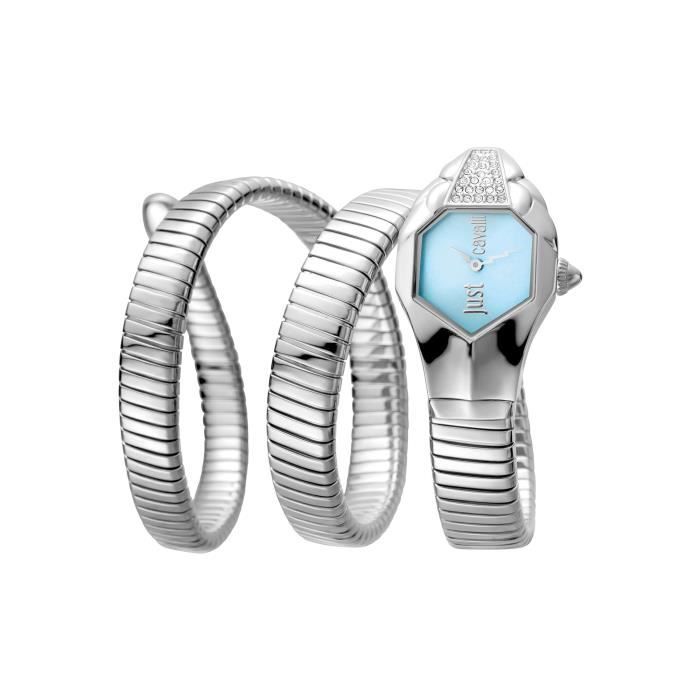 Montre femme Cavalli, modèle JC1L022M0015. Montre en acier inoxydable, bracelet de couleur métallique et cadran turquoise. Horloge