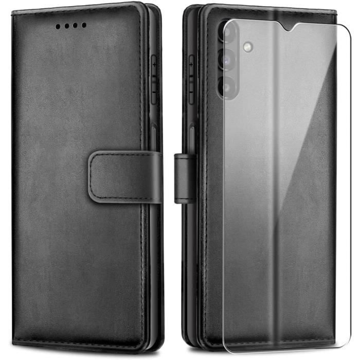 Coque Pour GALAXY A04s + 1 vitre verre trempé Porte Carte, Coque portefeuille Effet Cuir Fermeture Magnétique Noir