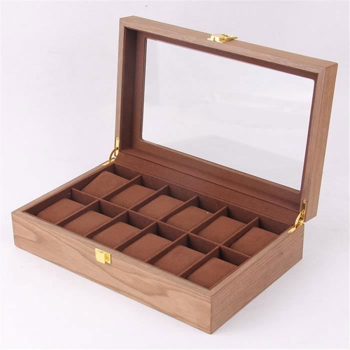 Boîte à Montre Bijoux Durable en Bois 12 Grilles Noyer