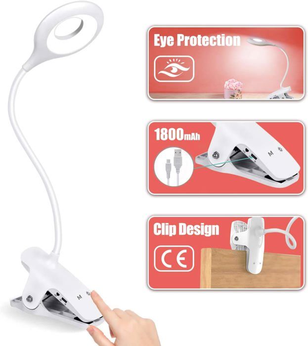 Lampe de bureau LED rechargeable sans fil lampe de lecture avec 28 LED 3 couleurs et 3 intensités réglables lampe à pince pour l
