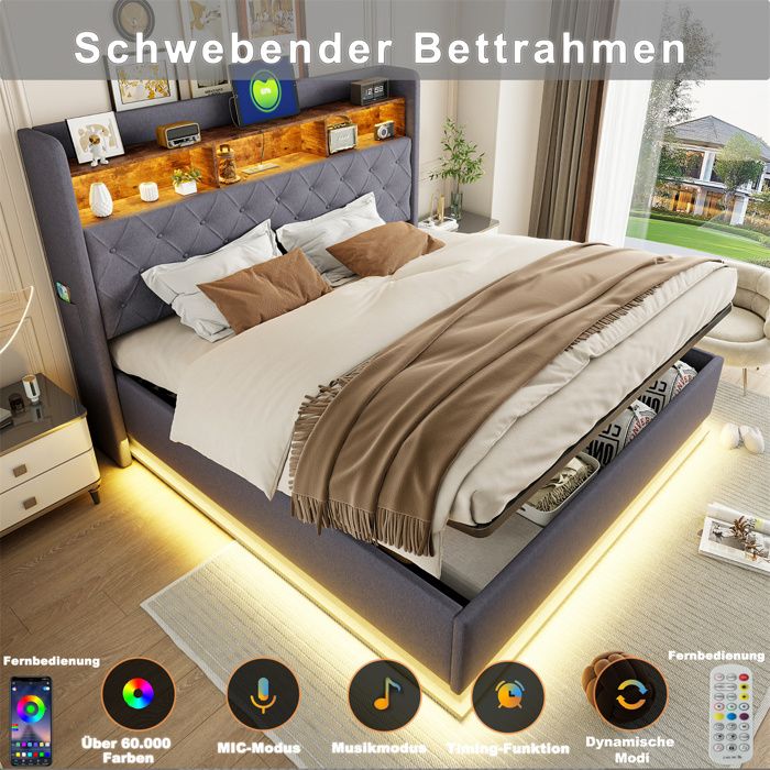 Lit 180x200 Avec Tiroirs,lit Capitonné,lit Double,lit Adulte,avec LED Réglable Et Chargement USB,tissu En Lin,gris Foncé