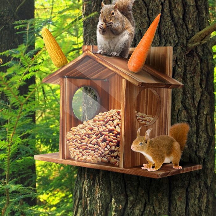 Comparer les prix de Mangeoire pour Écureuil - BingoPaw - Bois Marron - Maison pour Écureuils - 32.5x12.7x23cm - Extérieur