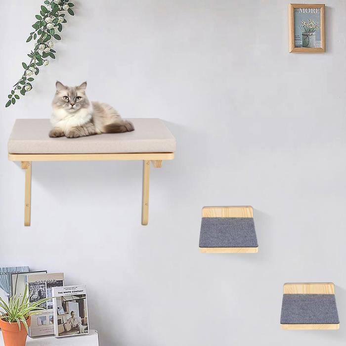 Meilleurs prix pour YIPEEMA. LIT MURAL EN BOIS MASSIF POUR CHAT - 3 PIÈCES - AVEC PLANCHE À GRIFFES - GRIS - 40*30*25CM.