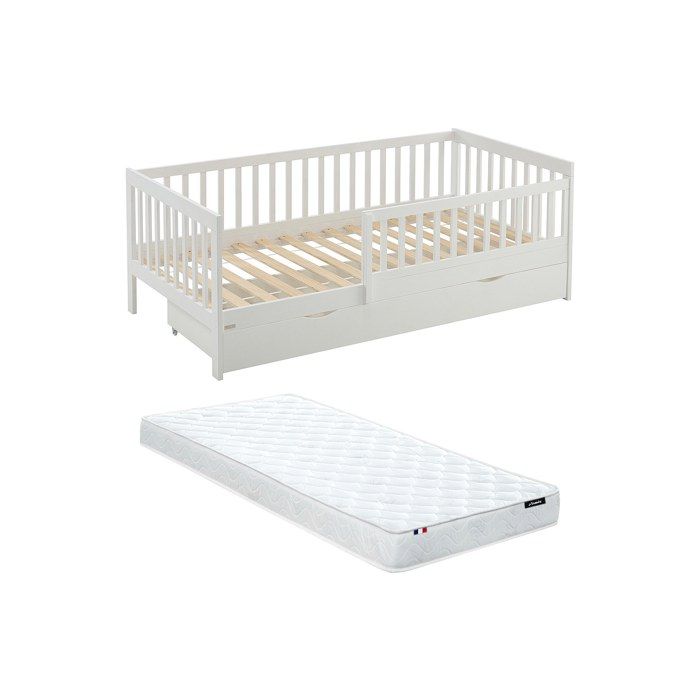 Lit 90 x 190 cm avec tiroir - Pin et MDF - Blanc + Matelas - PROVIATI Lit 90 x 190 cm avec tiroir - Pin et MDF - Blanc + Matelas - PROVIATI