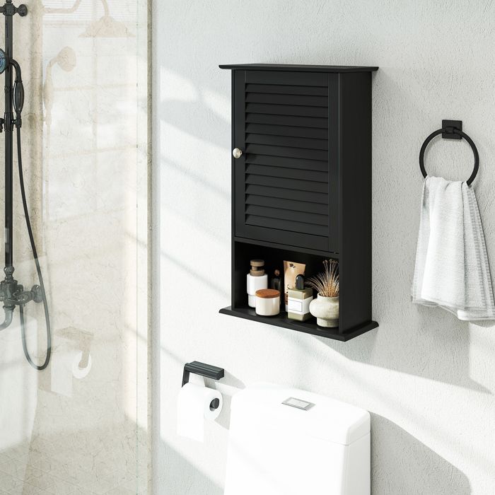 COSTWAY Armoire Murale pour Salle de Bain Armoire à Pharmacie avec Étagère Réglable Porte Persienne et Étagère Ouverte Noir COSTWAY Armoire Murale pour Salle de Bain Armoire à Pharmacie avec Étagère Réglable Porte Persienne et Étagère Ouverte Noir
