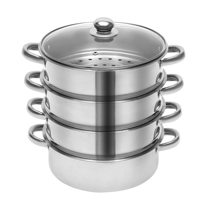 Marmite à Vapeur en Acier Inoxydable 5 Niveaux Avec Couvercle en Verre - Casserole Dim Sum Ustensiles de Cuisine Sliver (26cm)