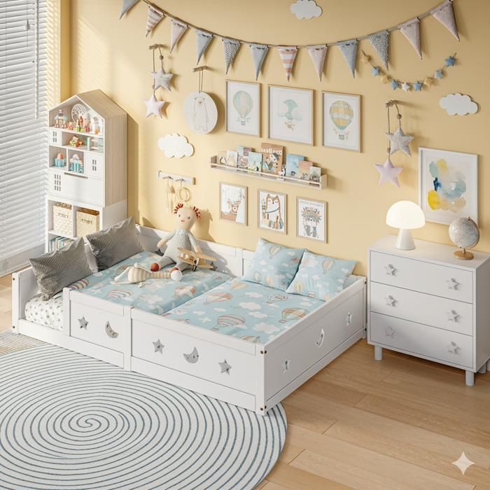Lit évolutif 140x200cm - lit bébé - Lit de clôture sur pied avec Étoile et Lune - Bois - Blanc