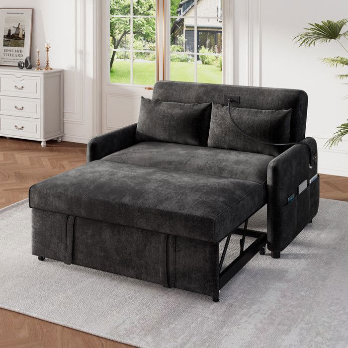 Canapé-lit pliant double moderne canapé multifonction avec fonction de sommeil dossier réglable port de chargement USB Gris