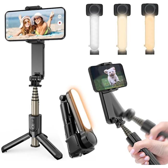 Stabilisateur Smartphoneavec lumière de Remplissage et télécommande Perche à Selfie pour Vidéo Vlog Compatible avec Android/iOS