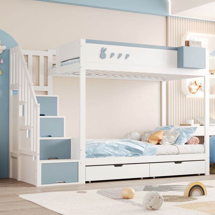 Lit superposé pour enfants 90 x 200 cm lit double étagère de rangement échelle de rangement sécurisée tiroirs lit en bois