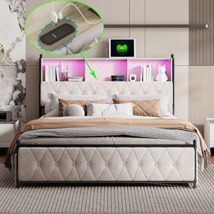 LED Lit Adulte/Ado 160x200 – USB & Type-C – 4 Tiroirs – Velours – Lit Rembourré avec Sommier – Tête de Lit avec Rangement – Beige