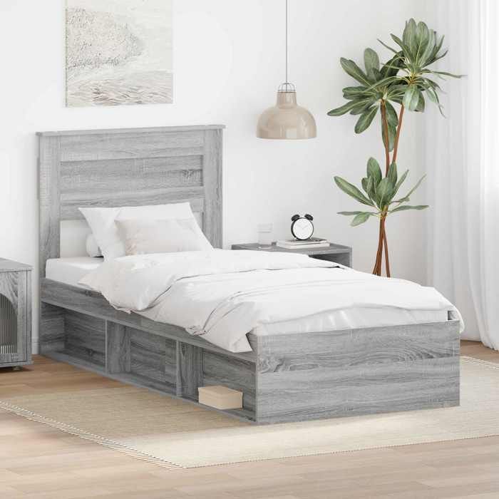Structure de lit avec matelas - UU - Gris Sonoma - Pin massif - 90x190 cm - 93x200x100 cm - Cadre à lattes