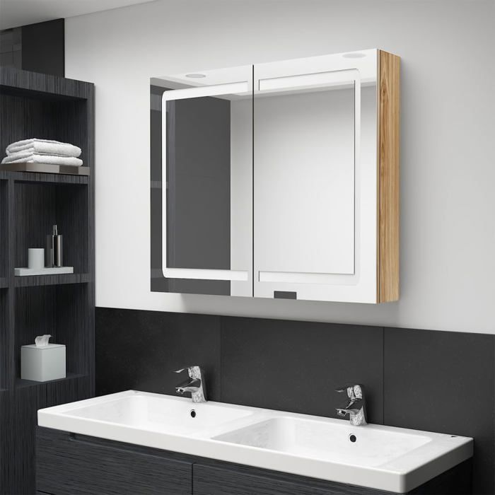 Armoire de salle de bain à miroir LED - Happiness - Chêne - 80x12x68 cm - 2 portes - 3 étagères Armoire de salle de bain à miroir LED - Happiness - Chêne - 80x12x68 cm - 2 portes - 3 étagères
