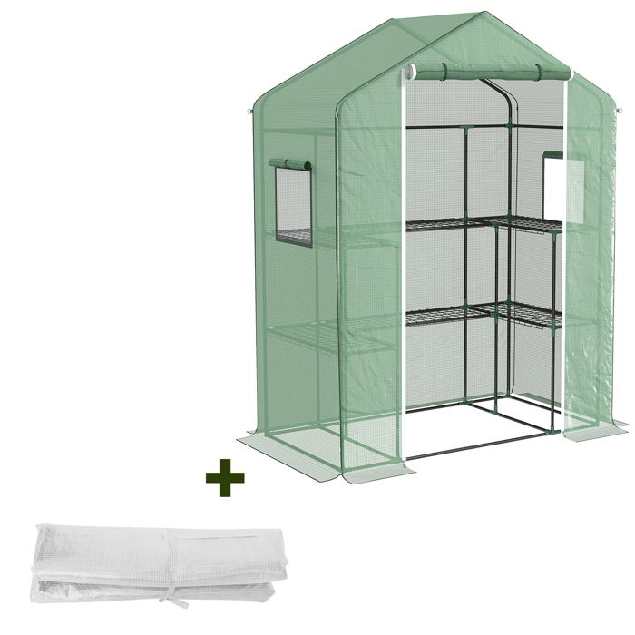 Serre de jardin et bâche de remplacement - Outsunny - avec fenêtres portes et étagères- bâche renforcée 135 g/m² - vert et blanc