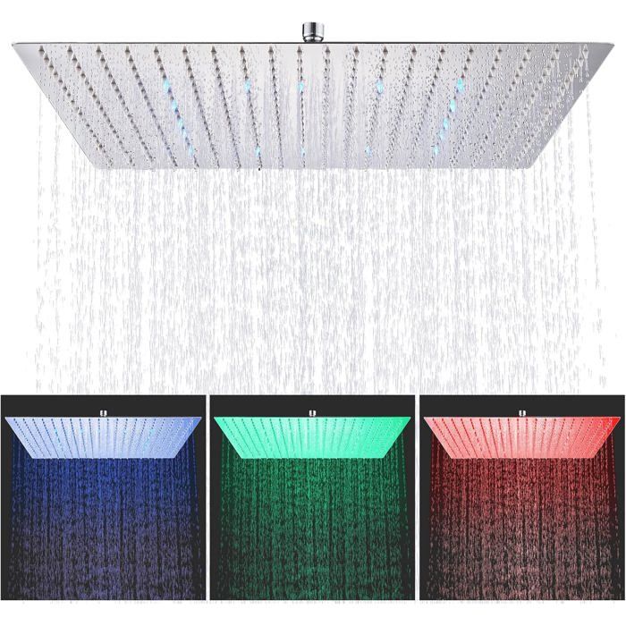 Pommeau de douche LED Pomme de Douche Carrée 40x40cm Chromé Ultra-Mince Haute Pression