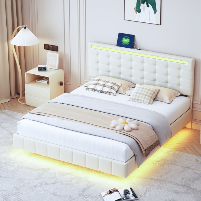 Lit double 160x200 cm - SUNFECILI - Beige - Avec LED et USB - Tissu en lin - Capacité 300 kg