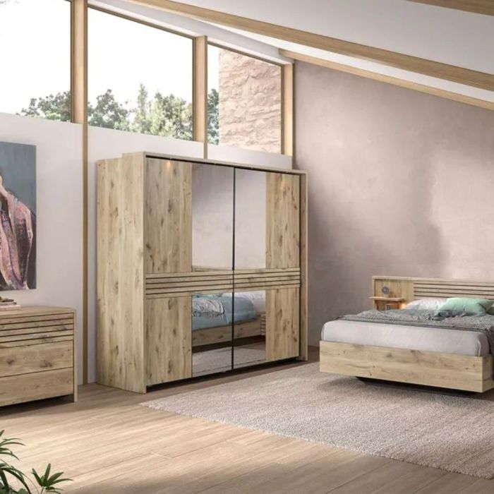 Chambre lit 160x200cm + tête de lit avec chevet et leds + armoire aspect bois et noir - NIKITA Chambre lit 160x200cm + tête de lit avec chevet et leds + armoire aspect bois et noir - NIKITA