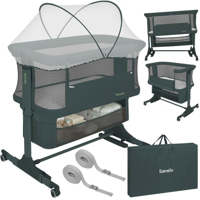Lit bébé cododo 3en1 LIONELO Jodie - Berceau - Réglable en hauteur et inclinaison - Matelas haute densité - Vert