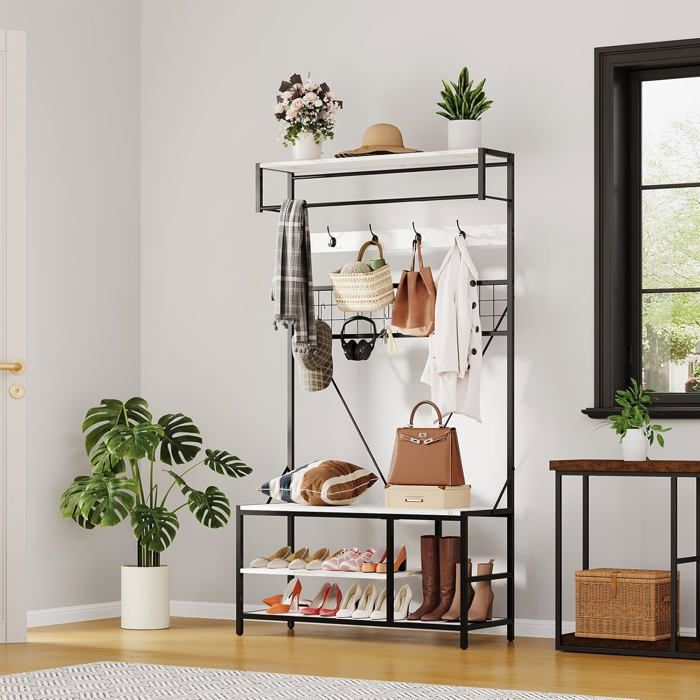 Porte-Manteau avec Banc à Chaussures Meuble dentrée avec Étagère Réglable 100x37x185 cm pour Entrée Couloir Chambre Blanc