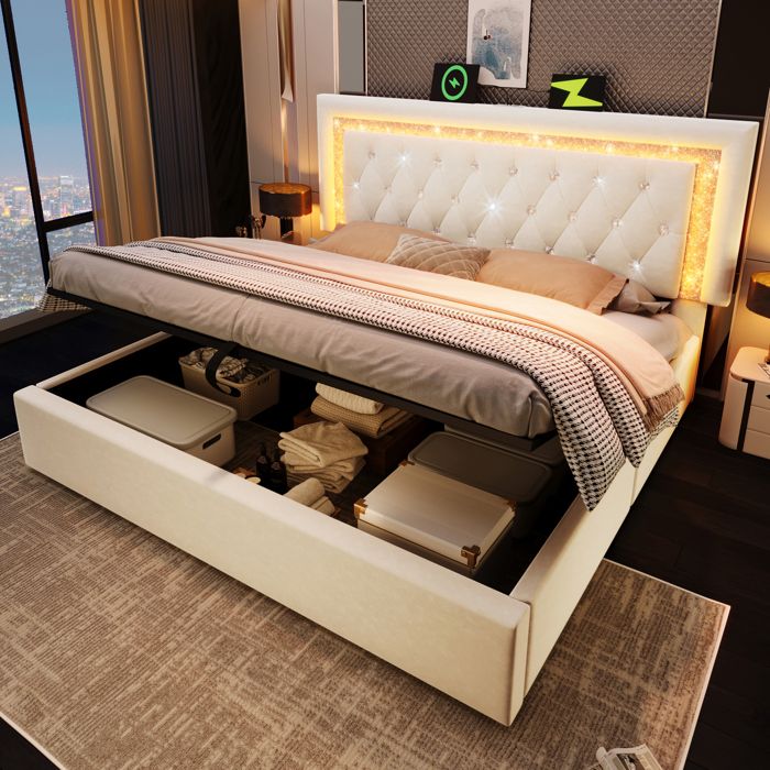 Lit rembourré 160 x 200 cm en velours beige avec LED USB et coffre