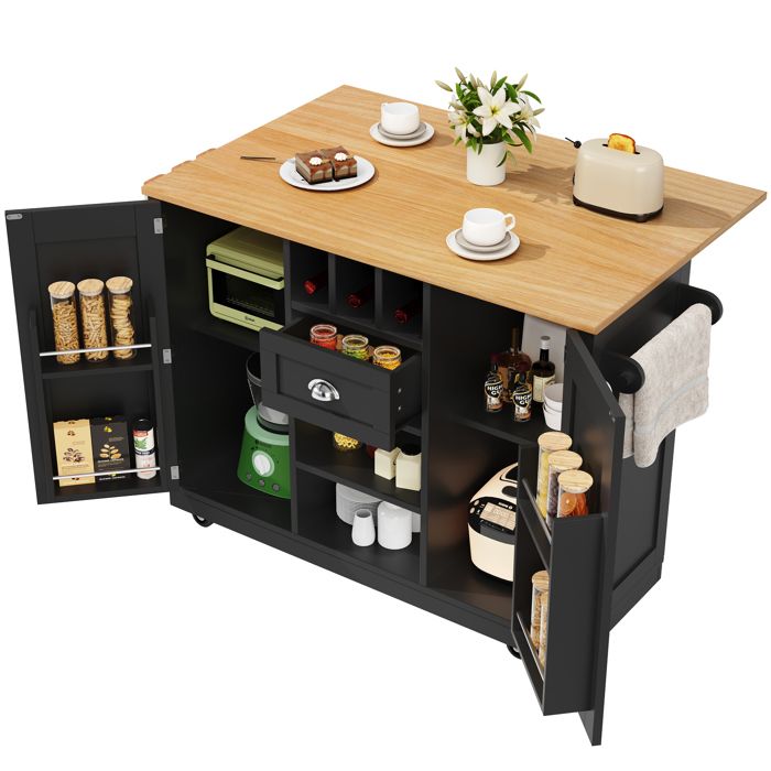 Îlot de Cuisine - Desserte avec Poignée Métallique et Porte-Bouteilles MDF et Métal 140 x 70 x 93 5 cm Noir et Naturel