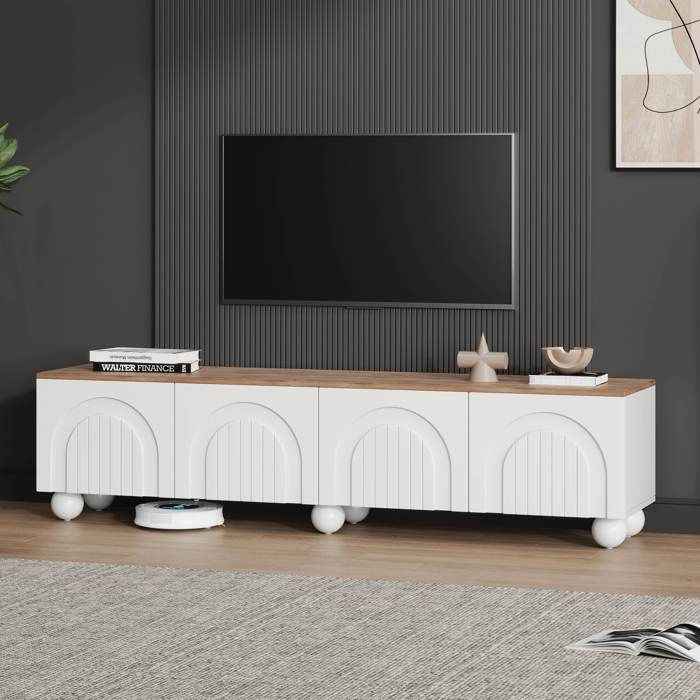 Meuble TV blanc en bois 180 x 40 x 45 cm avec 4 portes de rangement Meuble TV bas avec 6 pieds boule et pieds en métal