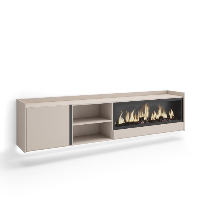 Meuble TV Banc Télé 212x35x50cm Pour les TV jusquà 80 Cheminée électrique XXL Suspendu Mural LED Beige RF4819