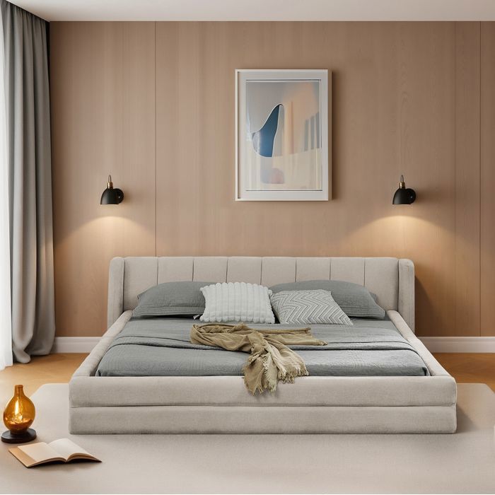 ELVMI Lit Double Capitonné 160x200 cm - Lit Adulte design en Chenille Doux avec Cadre Résistant - Beige - Sans Matelas