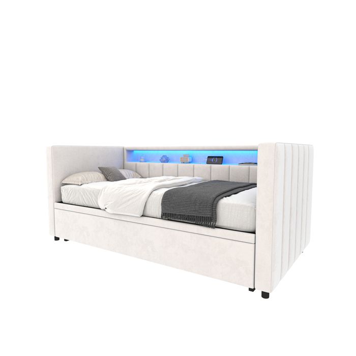 VLIVRA Lit gigogne Lit Simple USB Type-C LED Réglable et Rangement 90×190 cm - sans Matelas - en Velours - Beige